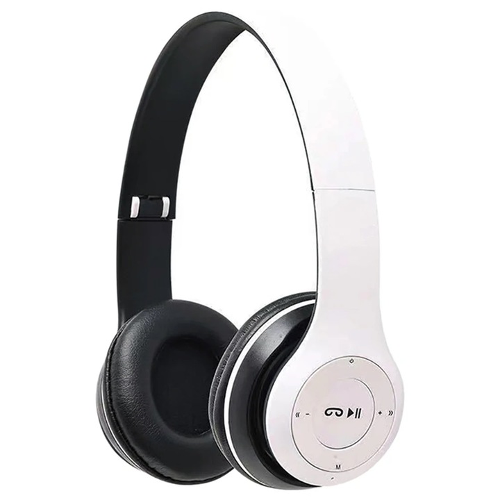 Безжични стерео слушалки P47, Bluetooth 5.0, Fm радио, намаляване на шума, сгъваема серия, слот за карта, бели