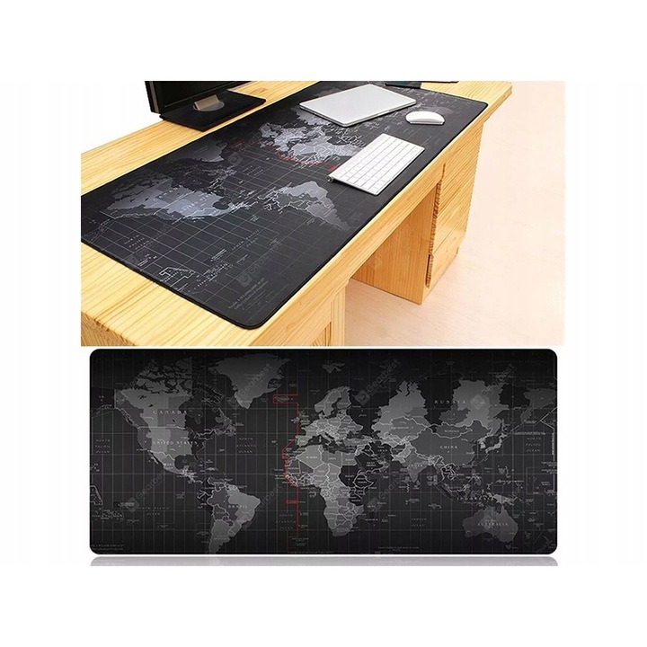 Mousepad Mare Cauciucat, Birou, Antiderapant, Cusaturi Anti-Rupere, model Harta Lumii, 80 x 30cm, Negru Negru