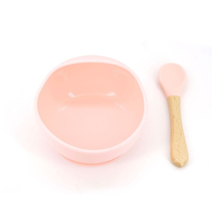 Set 2 piese diversificare bebelusi si copii din silicon eMazing, bol cu ventuza, lingurita din lemn si silicon, pentru gustari, fara alergeni, roz