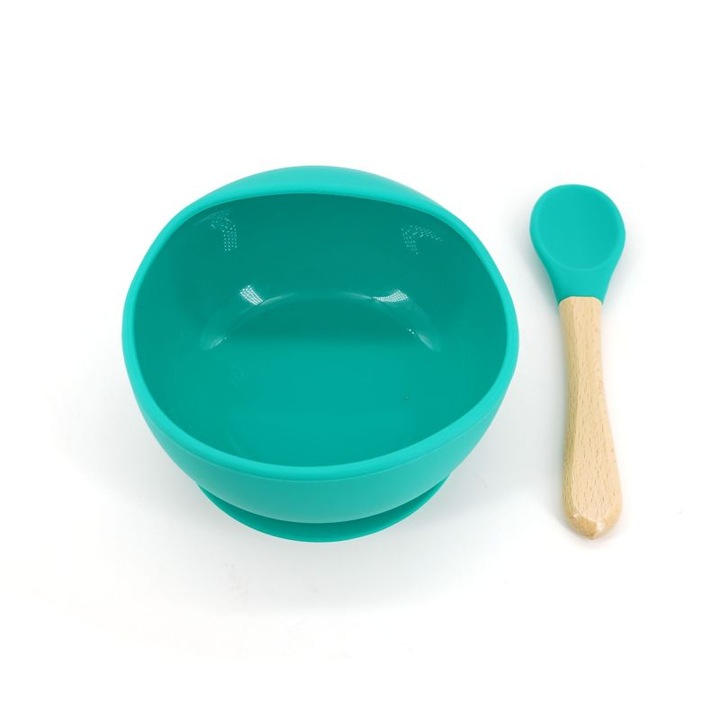 Set 2 piese diversificare bebelusi si copii din silicon eMazing, bol cu ventuza, lingurita din lemn si silicon, pentru gustari, fara alergeni, verde