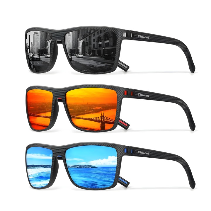 Set 3 perechi ochelari de soare polarizati, Chucai, Policarbonat, 400 UV, 145x133x45mm, Multicolor