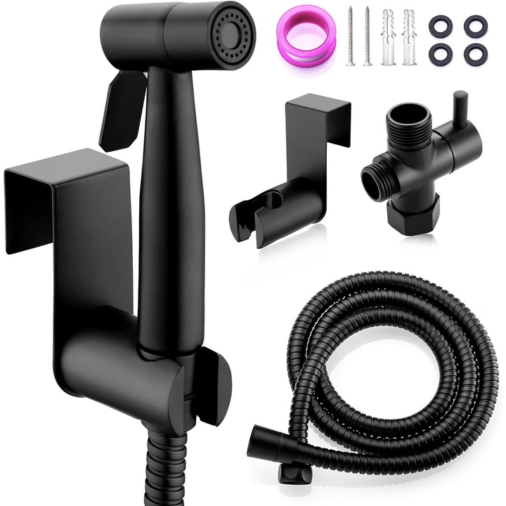 Комплект за хигиеничен душ Excitat®, първокласна неръждаема стомана с 7/8" Т-образен клапан, 1,5 м маркучи и стойка, регулируемо налягане, черен