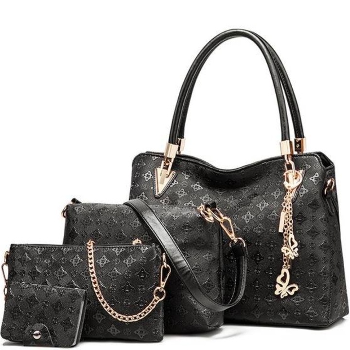 Комплект дамска чанта, Две Малка чанти през рамо, Визитник, Еко кожа, Черен, 4 части