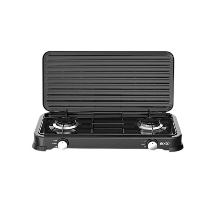 SOGO COC-SS-10235 tűzhely, 2 égős, Teljesítmény 2, 2 Kw, Fogyasztás 165 gr/h, hengerellátás, kézi gyújtás, fedél, Fekete