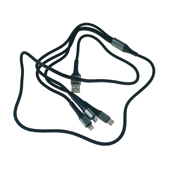 Cablu date 3 in 1, JELLICO B11, cu conectori USB tip C tata, compatibil tip lightning 8-pin tata, MicroUSB tata, lungime 1.2m, 3.1A, negru Negru 1.2 m