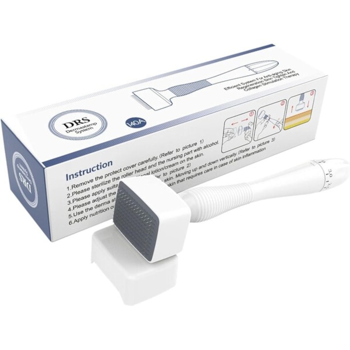 Bőrgyógyászati Roller, Derma Stamp 140 tű, állítható méretek - 0, 5 mm - 3 mm, hajhullás, striák, hegek, ráncok ellen, Unisex