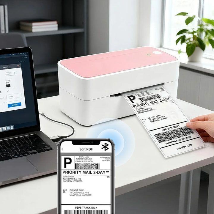 Imprimanta termica volum mare, MOSMAOO®, Conectare USB sau bluetooth, Viteza mare printare, Compatibila cu iOS/Android/Windows/MAC, Aplicatie gratuita, Roz