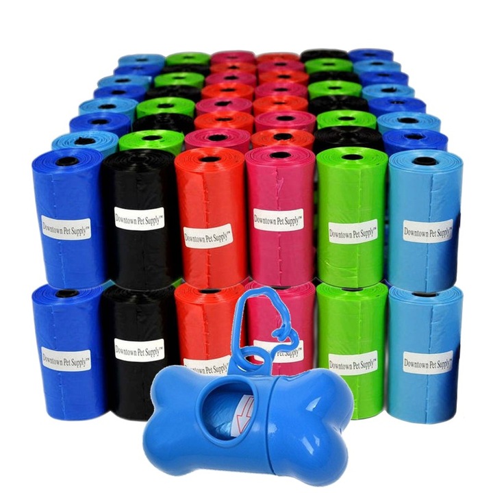 Set 900 de pungi igienice pentru caini, pisici cu distributor in forma de os, multicolor