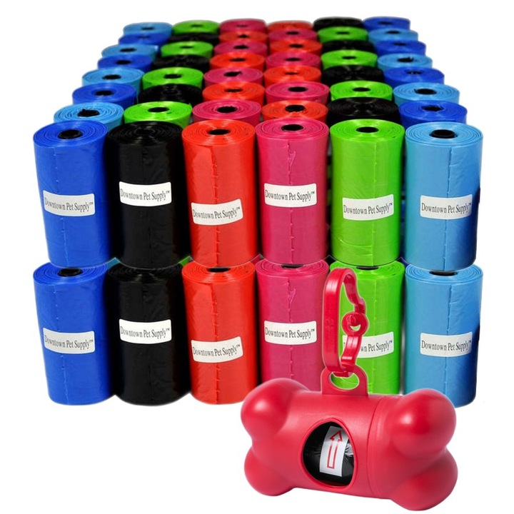 Set 600 de pungi igienice pentru caini, pisici cu dispenser in forma de os, multicolor