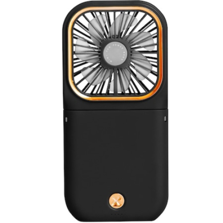 Ventilator portabil cu functie de power bank, 3000 mAh, pliabil, ergonomic, autonomie de 8 ore, 3 niveluri de viteza, negru