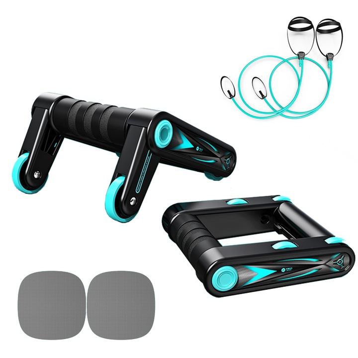 Roata abdomene cu suport pentru coate, Rola pentru abdomen, Bara de flotari, Aparat de exercitii abdominale, design automat de revenire, 2 roti, negru si albastru, pentru antrenament acasa