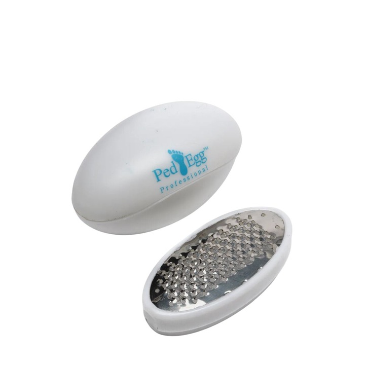 Set pila de calcaie manuala Ped Egg pentru piele uscata, crapata cu 2 razatori, ABS, 15 cm, alb