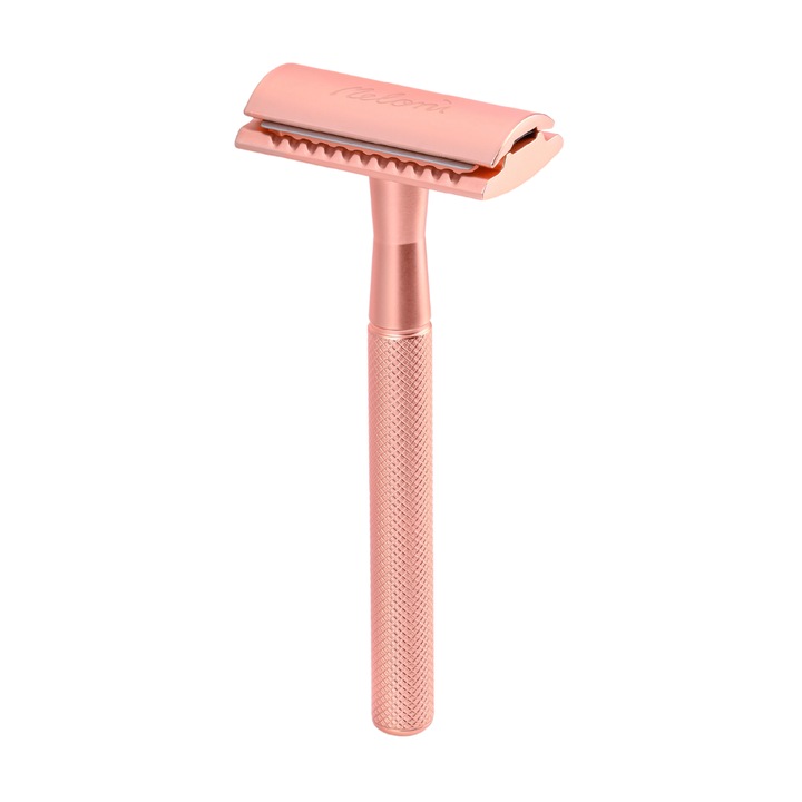 Aparat de ras clasic, Meloni, cu 5 rezerve de lame de ras otel inoxidabil suedez, rose gold