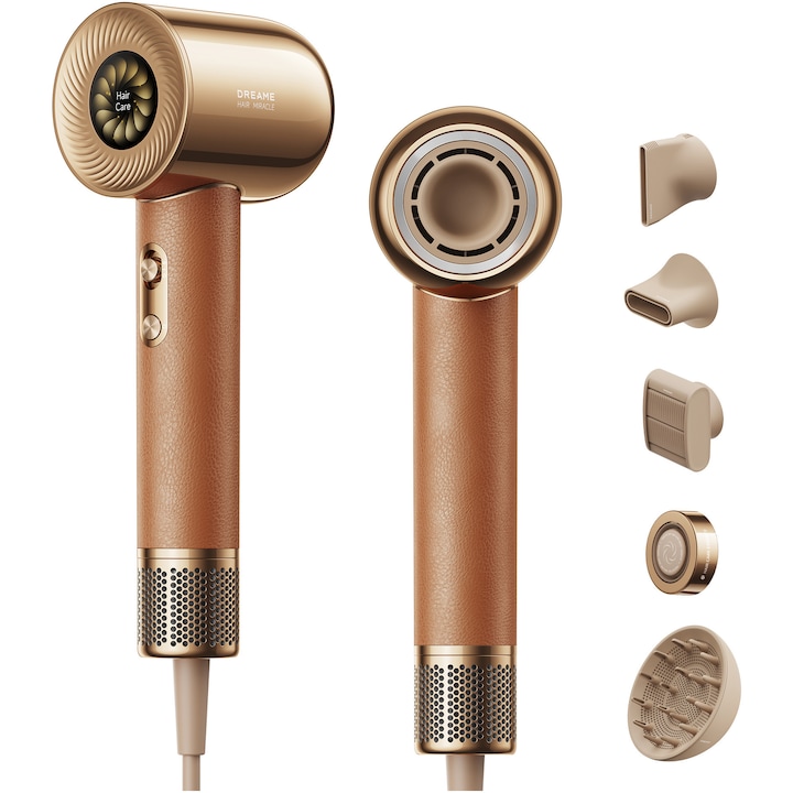 Сешоар Dreame Miracle AHD9, 1600W, максимална скорост на въздуха 70m/s, 2 степени на въздушния поток, 4 настройки на температурата, включени 5 аксесоара, кафяв/златист.