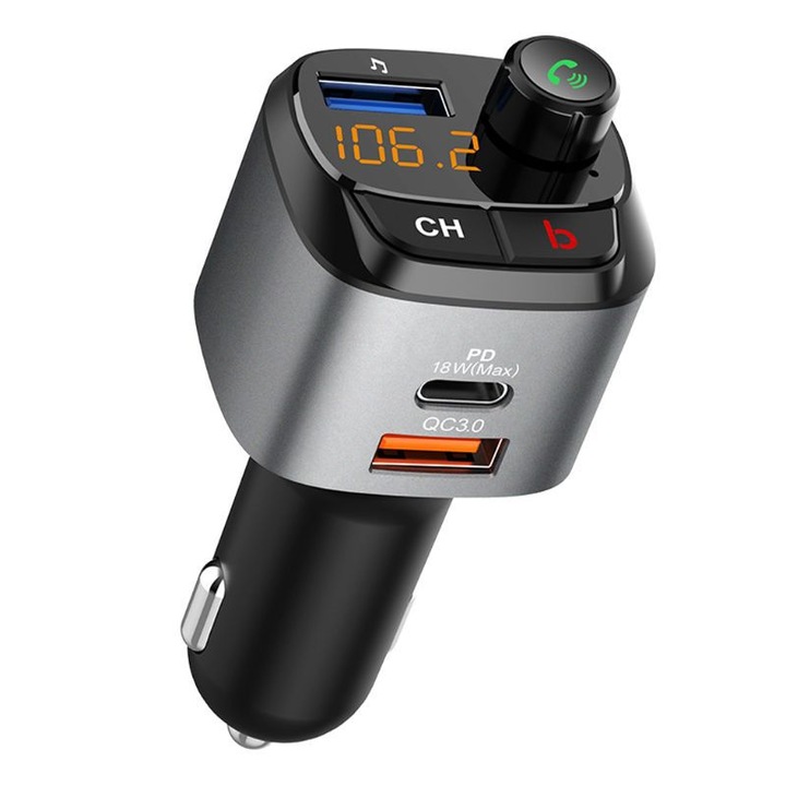 Adaptor Radio Auto Bluetooth FM Transmitter Sunmostar, Hands-free, Incarcare Rapida, Negru, 37x34x90MM