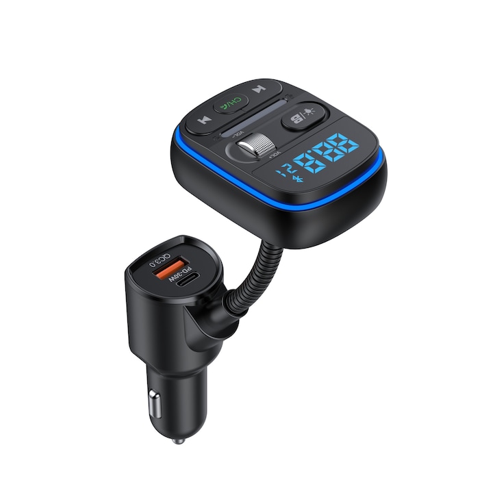 Transmitator FM Bluetooth Sunmostar pentru Auto, Incarcare Rapida QC3.0 PD 30W, Negru, 11.3x7.4x5.6cm