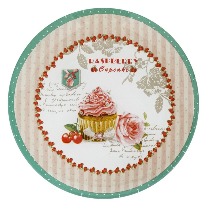 Farfurie pentru desert Shopiens®, din sticla ecru cu finisaj verde si model cupcake, 15 cm