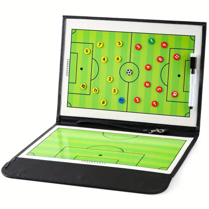 Mágneses taktikai tábla a futballedző, Zola® számára, markert és 24 mágnest tartalmaz, ökológiai bőr és műanyag, 24x32 cm, fekete