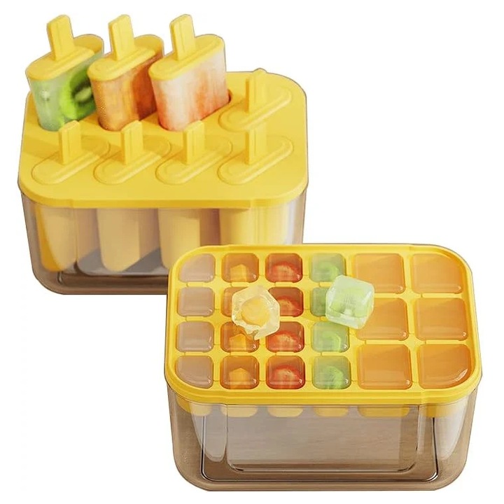 Set de 2 recipiente pentru cuburi de gheata si inghetata YiChenPlus, plastic, galben/transparent, 17, 5 x 12, 3 x 9, 5 cm