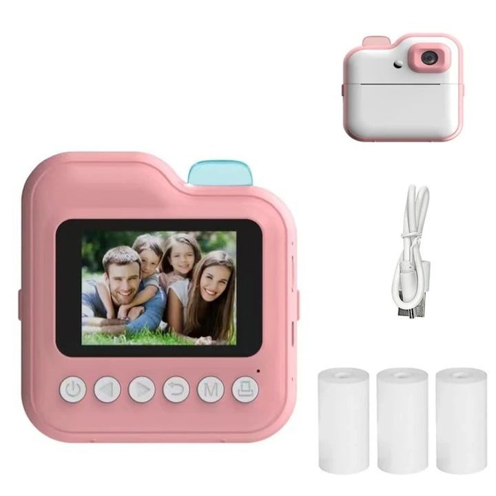 Azonnali kamera gyerekeknek, Aurov®, 24Mpx 1080P felbontás, 2,4 hüvelykes színes LCD kijelző, 3 tekercs mellékelve és tartózsinór, rózsaszín