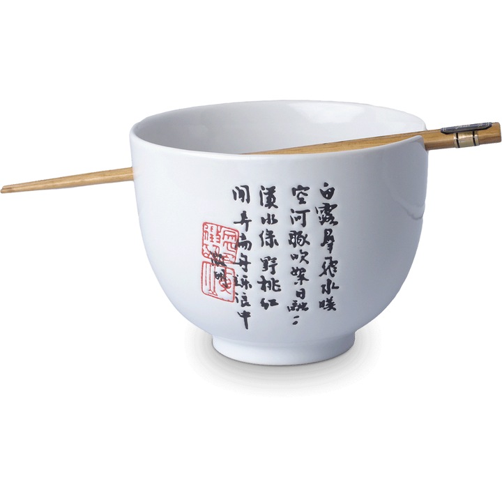 Bol pentru supa asiatica diametru 13 cm cu betisoare, White with Characters