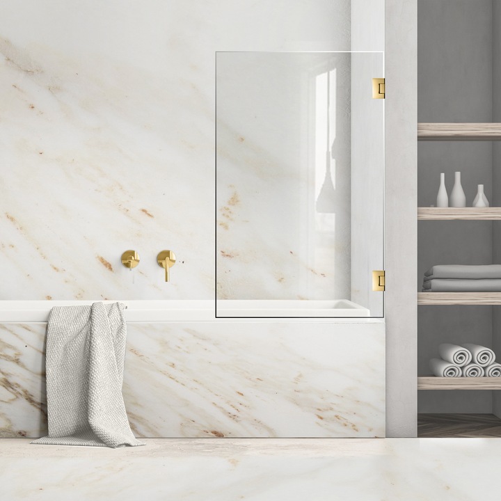 Paravan cada Ravana ® Mobil Gold, cu balama automata180°, feronerie full inox negru auriu, sticla clara, securizata, 70x140 cm