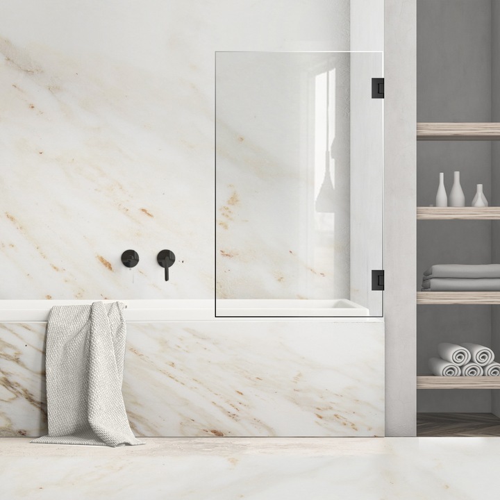 Paravan cada Ravana ® Mobil Black, cu balama automata180°, feronerie full inox negru mat, sticla clara, securizata, 70x140 cm