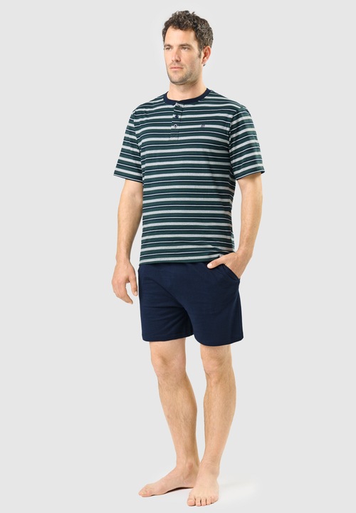 Pijamale Barbati Scurte Henley Tricot Dungi, 3080-40, 100% Bumbac, L INTL, EL BÚHO NOCTURNO
