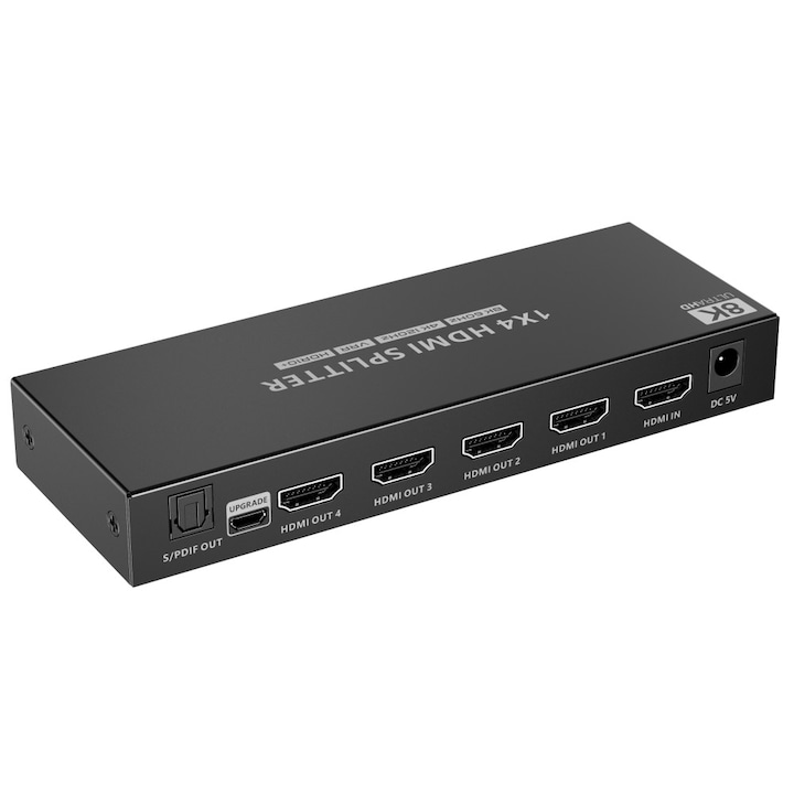 Splitter HDMI activ, alimentator inclus, 4 porturi, 1 intrare - 4 iesiri, 8K UHD 3D 60Hz, CEC SPDIF, TECHLY, Negru, IDATA HDMI-8K4T