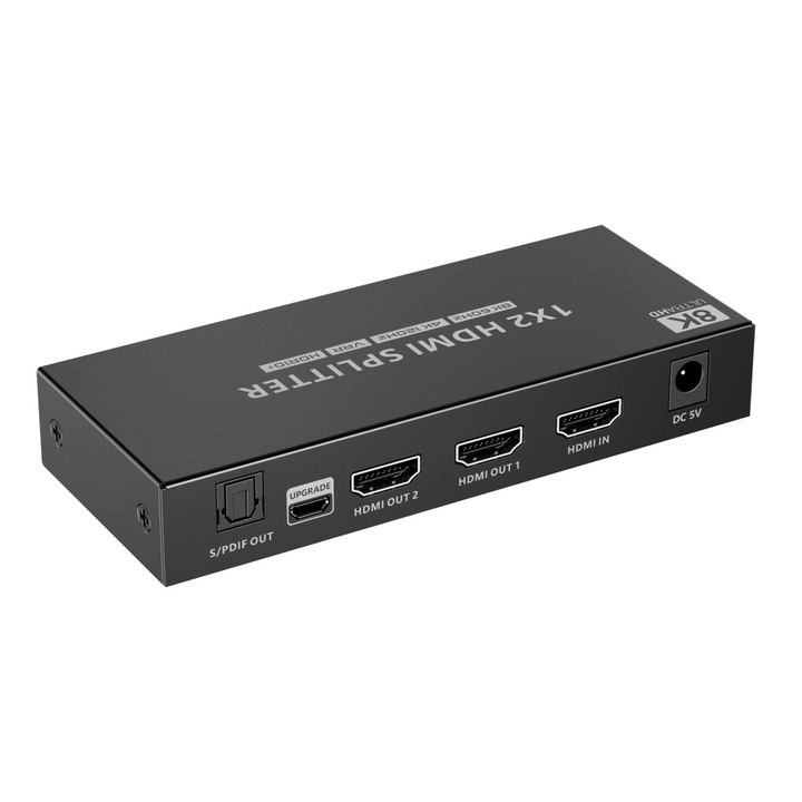 Splitter HDMI activ, alimentator inclus, 2 porturi, 1 intrare - 2 iesiri, 8K UHD 3D 60Hz, CEC SPDIF, TECHLY, Negru, IDATA HDMI-8K2T