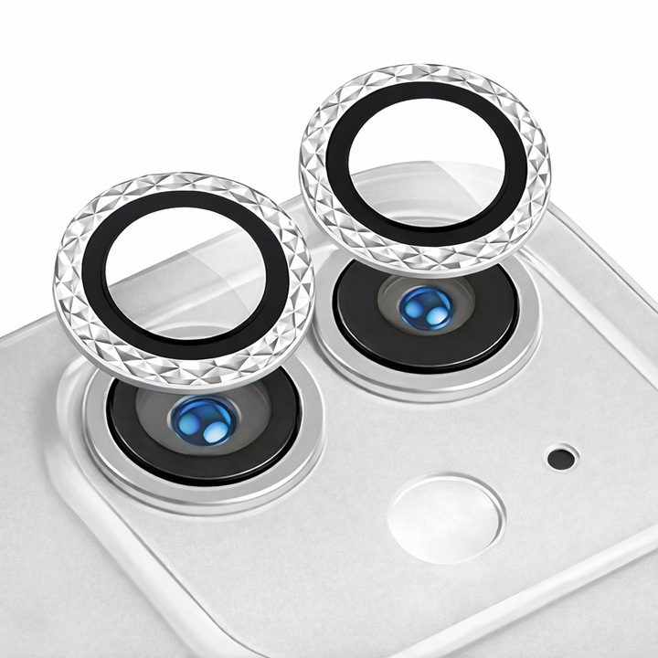 Folie Protectie Camera pentru iPhone 11 / 12 / 12 Mini, Model Diamant, Sticla Securizata, Aluminiu, 2 bucati, Ultra Slim, Duritate 9H, Anti Zgarieturi, Anti Amprente, Anti Socuri, Argintiu
