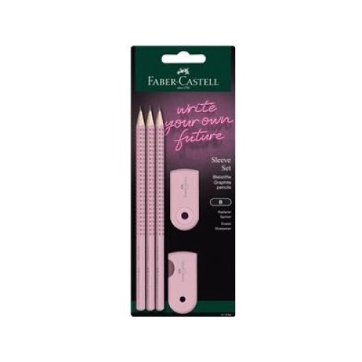 Комплект от 3 молива за писане и острилка, Faber-Castell, Розови