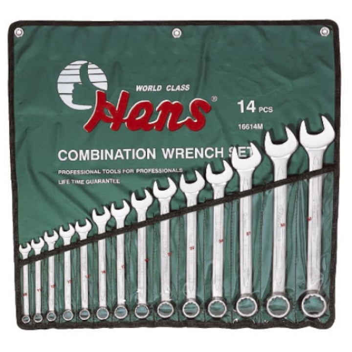 Set 14 chei combinate HANS cu dimensiunile 10 mm, 11 mm, 12 mm, 13 mm, 14 mm, 16 mm, 17 mm, 19 mm, 21 mm, 22 mm, 24 mm, 27 mm, 30 mm, 32 mm