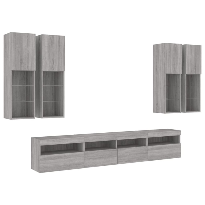 Set comode TV de perete cu lumini LED vidaXL, 7 piese, gri sonoma 30, 5x30x102cm 65 kg