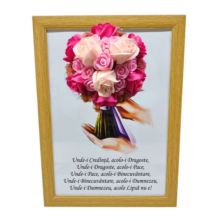 Tablou in rama A4 (30x21 cm) - Binecuvantarea Casei - v6 decorat cu flori de sapun roz-roz pal