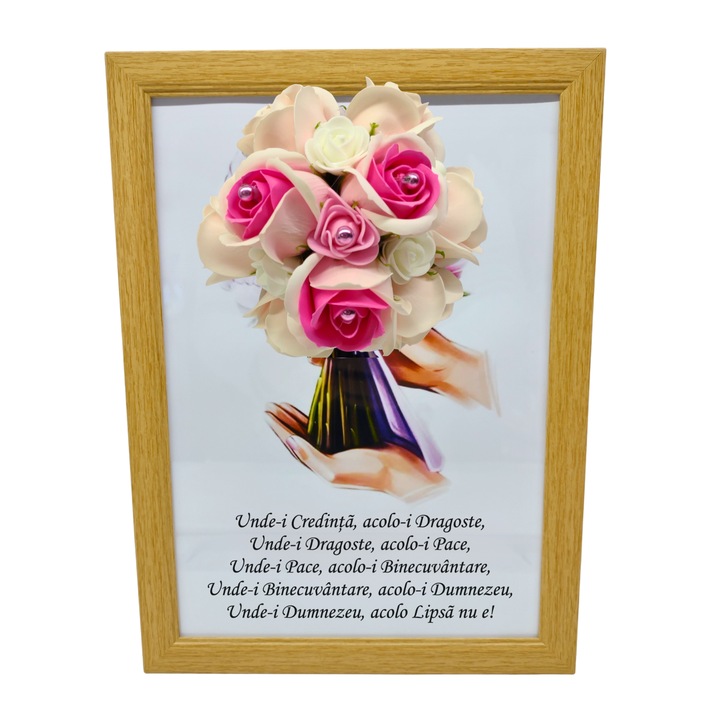 Tablou in rama A4 (30x21 cm) - Binecuvantarea Casei - v6 decorat cu flori de sapun roz deschis