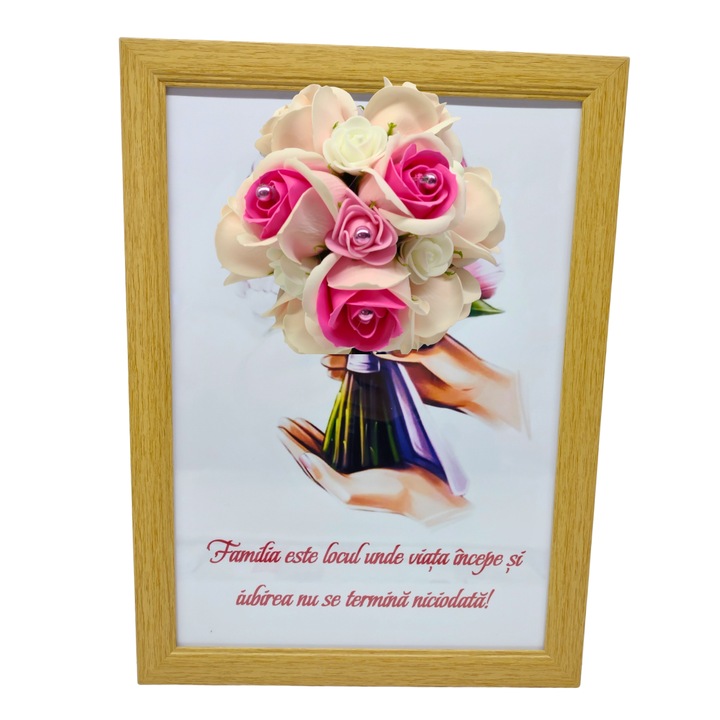 Tablou in rama A4 (30x21 cm) - Familia este locul unde viata incepe si iubirea nu se termina niciodata-v6 decorat cu flori de sapun roz-deschis