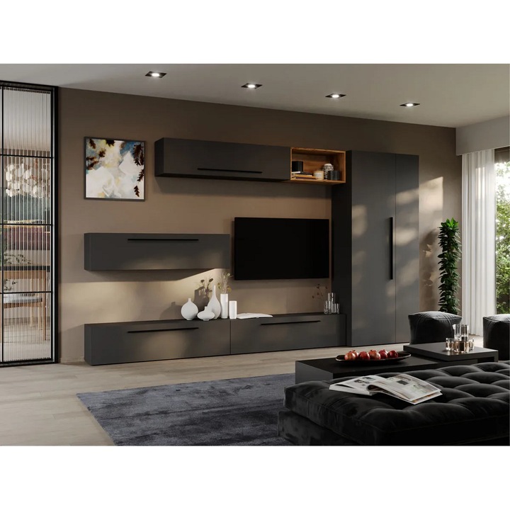 Set Mobila Living, Graphic, C29, Gri Antracit cu Dulap, L 320 x A 33.4 x H 185 cm