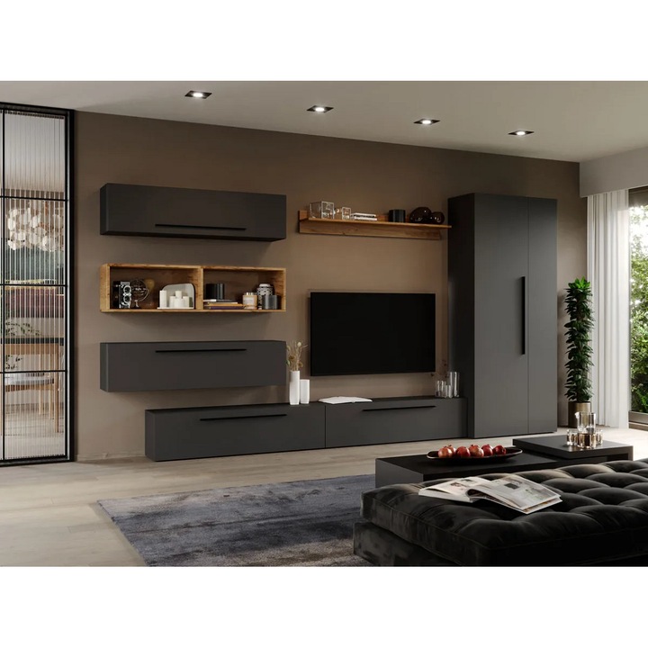 Set Mobila Living, Graphic, C31, Gri Antracit cu Dulap, L 340 x A 33.4 x H 185 cm