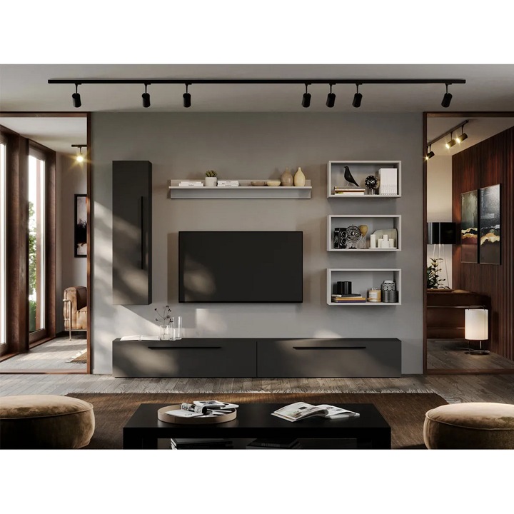 Set Mobila Living, Graphic, C44, Gri Antracit cu Alb, L 240 x A 25 x H 185 cm