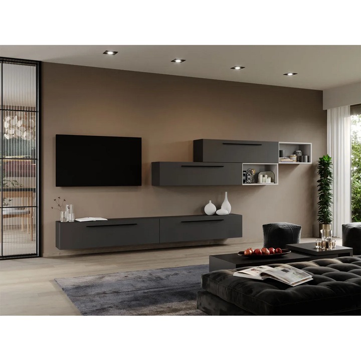Set Mobila Living, Graphic, C45, Gri Antracit cu Alb, L 360 x A 25 x H 60 cm