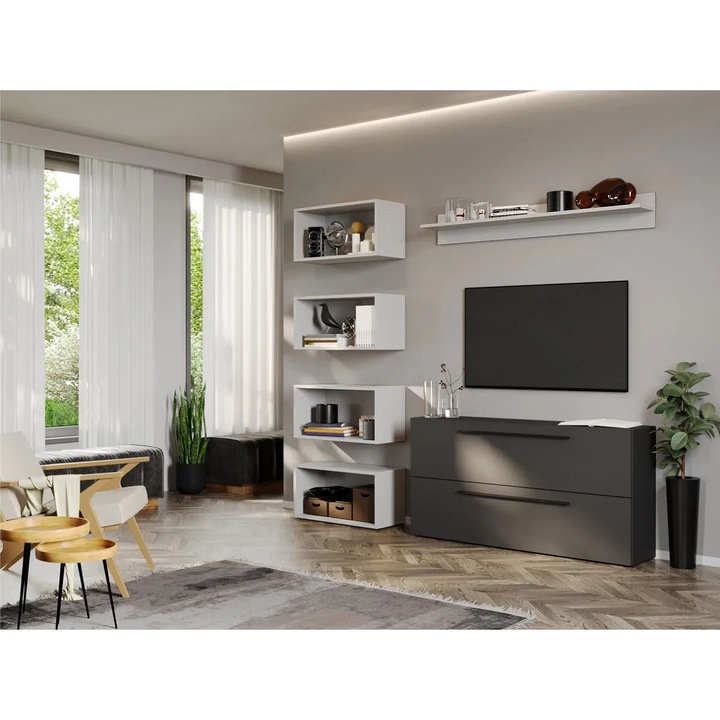 Set Mobila Living, Graphic, C49, Gri Antracit cu Alb, L 180 x A 25 x H 185 cm