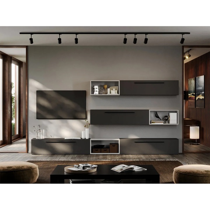 Set Mobila Living, Graphic, C52, Gri Antracit cu Alb, L 300 x A 25 x H 150 cm