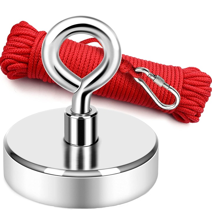 Neodímium mágnes készlet, NUODWELL, 10 m hosszú kötéllel, 112 kg húzóerő, 60 mm átmérő, víz alatti tárgyak visszanyerésére használt, ezüst