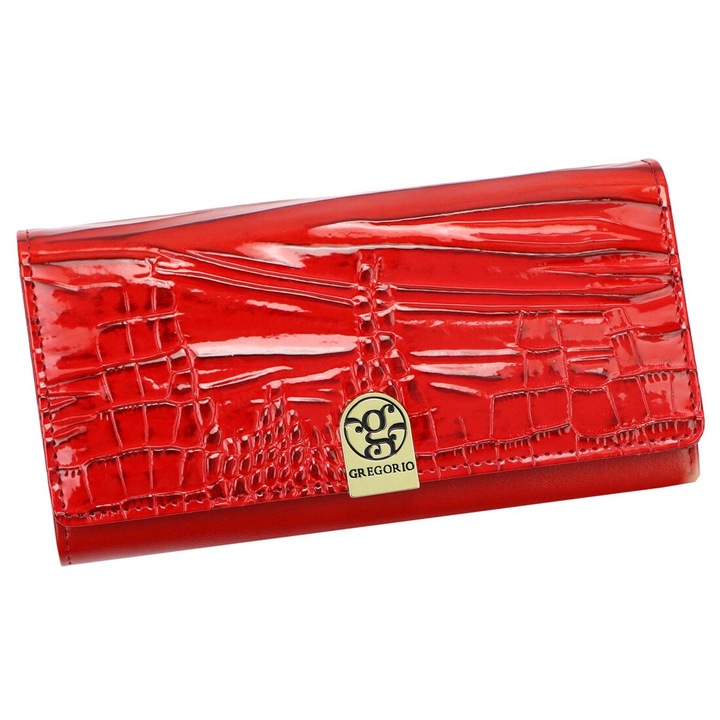 Portofel dama, Gregorio, Piele Naturala Crocodil, 9 Compartimente carduri, 18.5 x 9.5 x 4 cm, Rosu