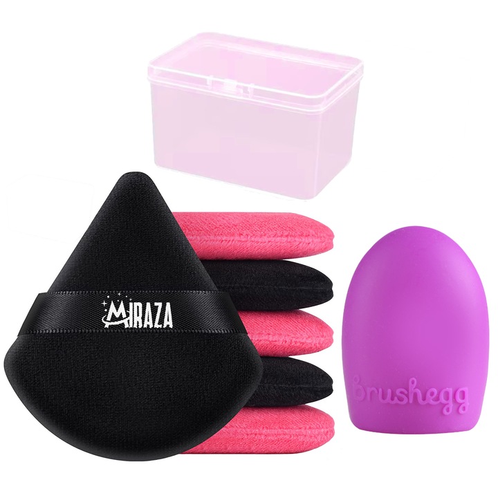 Set 6 Bureti de Machiaj Triunghi cu Dispozitiv de Curatat Pensule Miraza, Cutie Depozitare Inclusa, Reutilizabili, Utilizare Umeda sau Uscata, Powder Puff, Negru/Roz