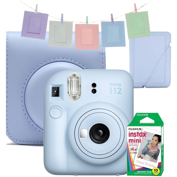 Фотоапарат за моментни снимки Fujifilm Instax Mini 12 Pastel Blue + чанта, албум, рамки, филм Mini 1x10