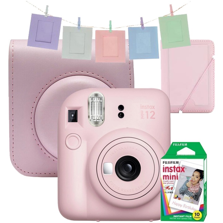 Фотоапарат за моментни снимки Fujifilm Instax Mini 12 Blossom Pink + Калъфче, Албум, Рамки, Филм Mini 1x10