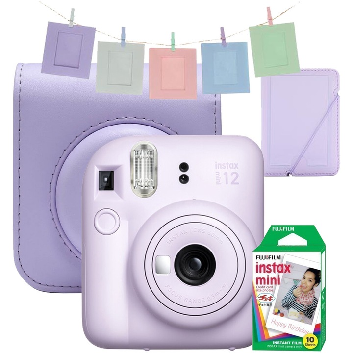 Фотоапарат за моментни снимки Fujifilm Instax Mini 12 Lilac Purple + Калъф, Албум, Рамки, Филм Mini 1x10