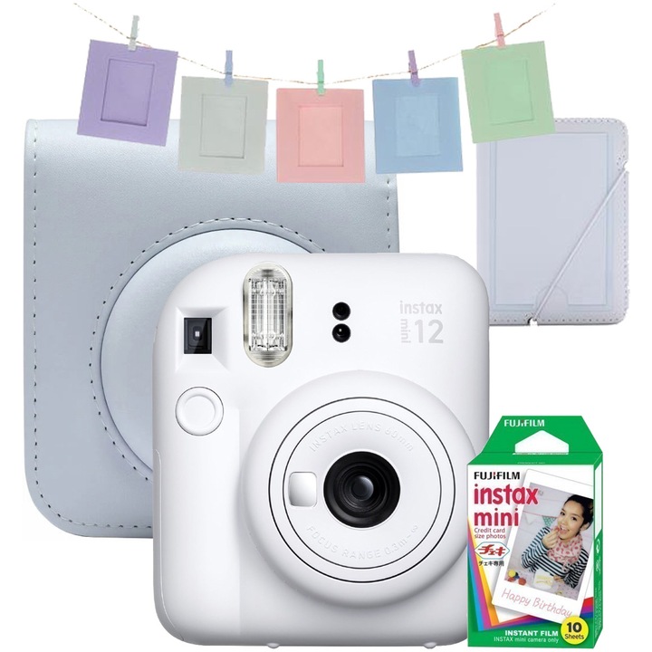 Фотоапарат за моментни снимки Fujifilm Instax Mini 12 Clay White + Калъф, Албум, Рамки, Филм Mini 1x10